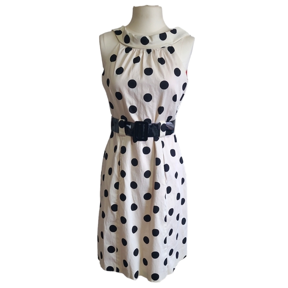 Eliza J vintage polka dot dress Sz 6 Front pockets, bright pink lining
